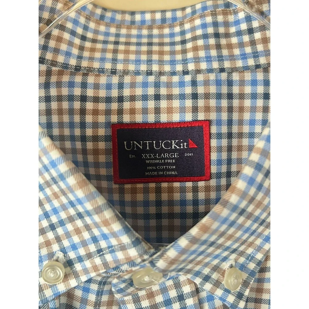 UNTUCKit‎ XXXL Wrinkle Free Button Down Shirt Blue Brown Plaid Cotton